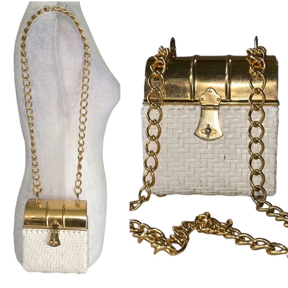 RARE Sacha Vintage White Wicker Rattan Gold Curved Chain Strap Basket Box Purse